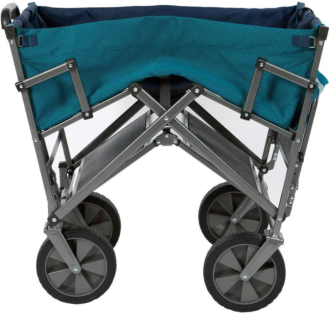 A foldable double-layer outdoor multi-functional truck, equipped with a long lower shelf, in blue-green color.