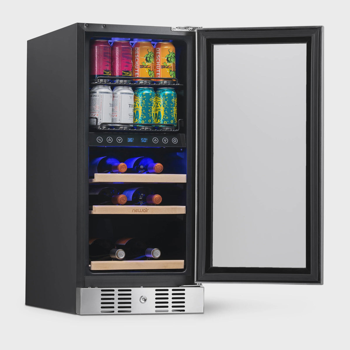 15 Dual Zone Beverage Cooler with Removable Beech Wood Shelves, Stainless Steel