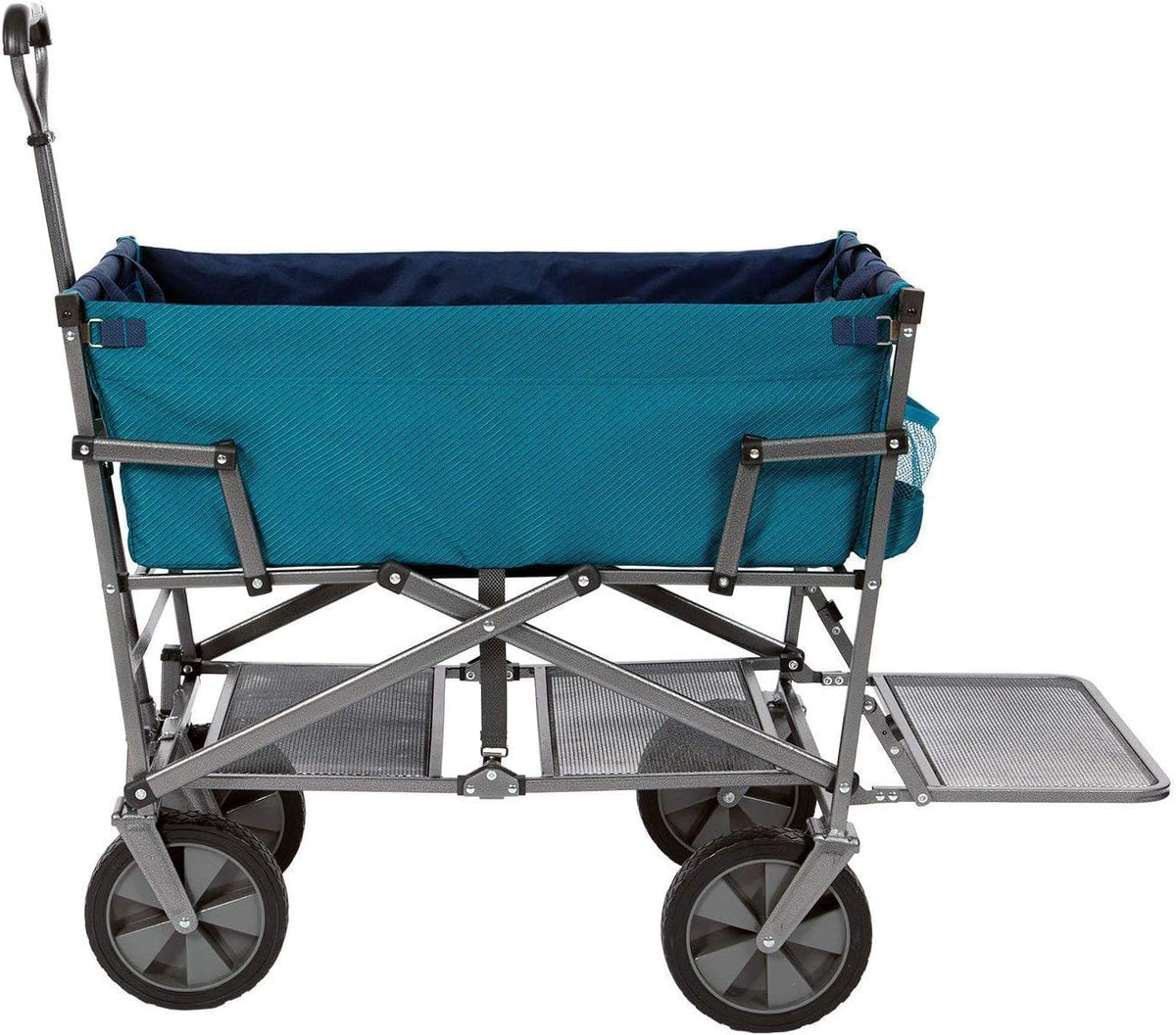 A foldable double-layer outdoor multi-functional truck, equipped with a long lower shelf, in blue-green color.