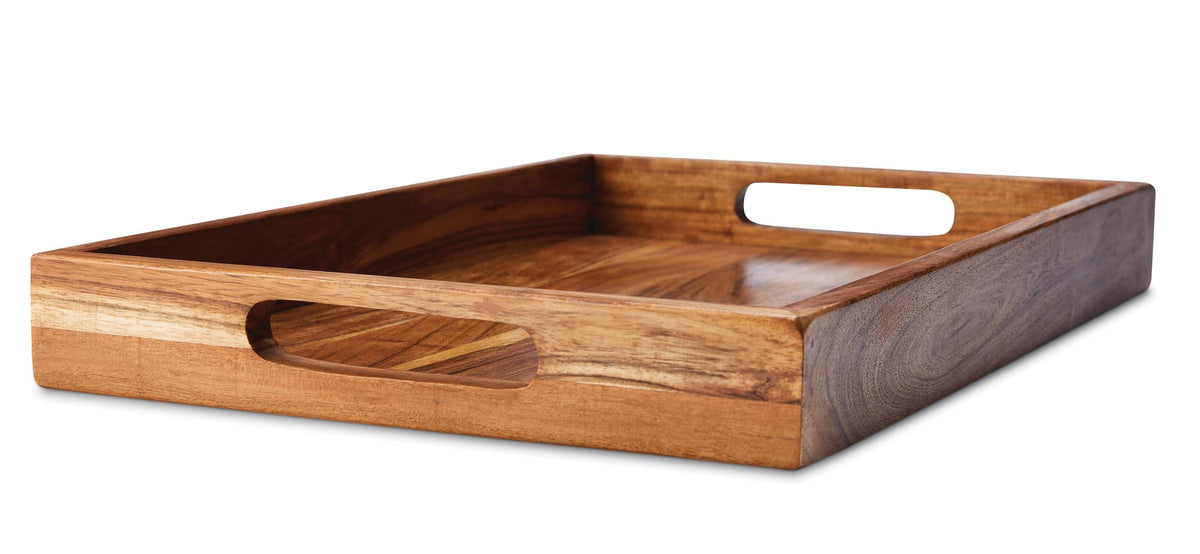 Rectangular Wood Serving Tray with Round Handles, 18-in