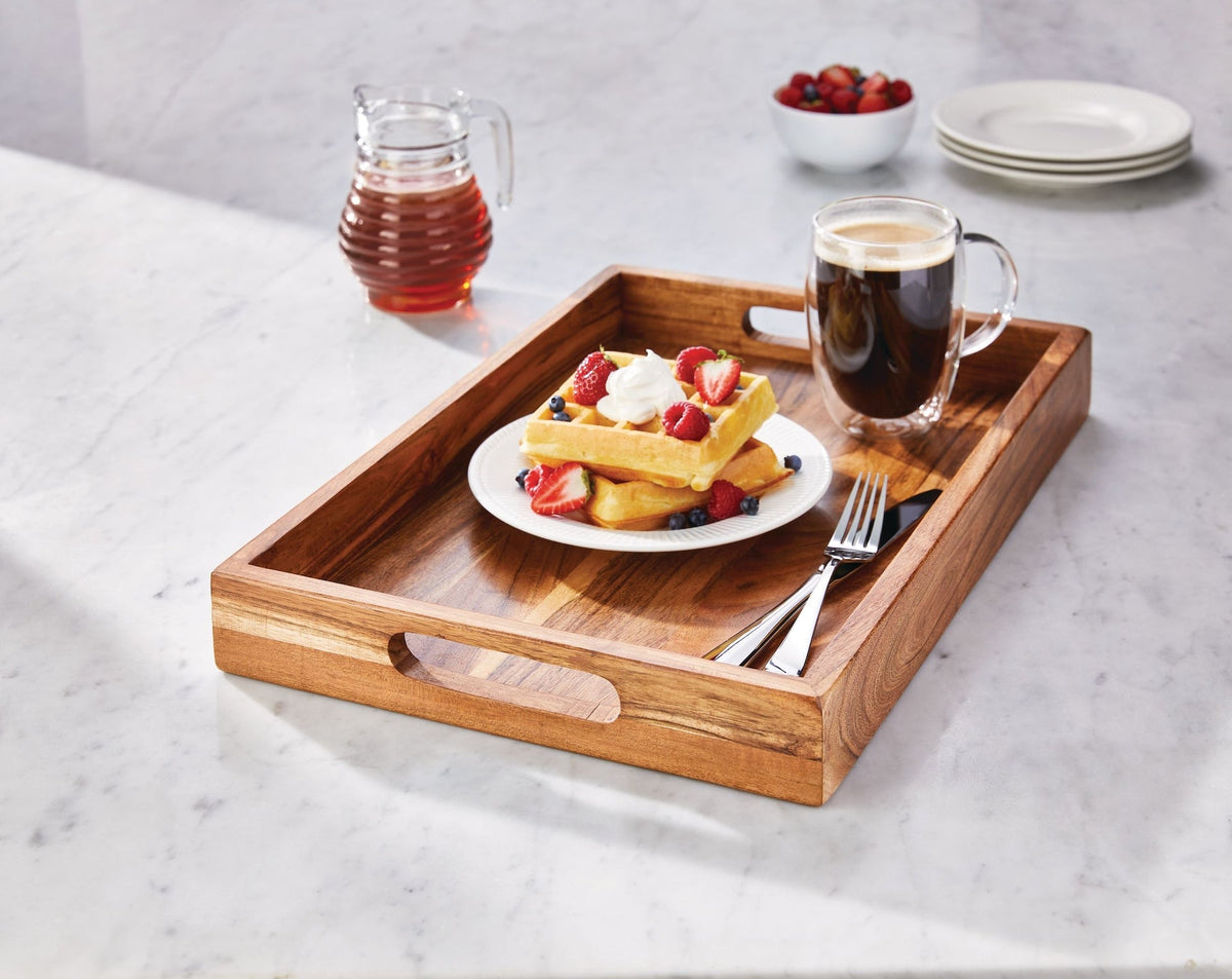Rectangular Wood Serving Tray with Round Handles, 18-in
