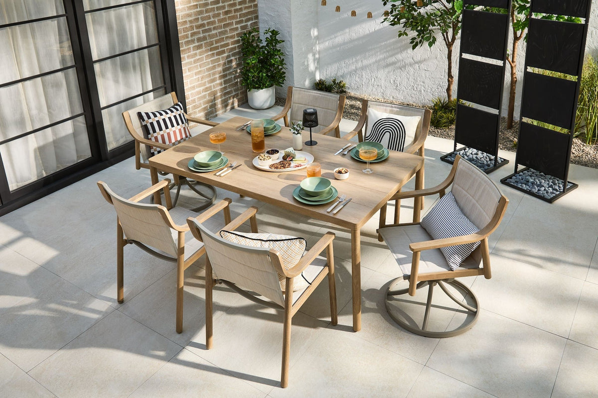 Sauble Sling Outdoor Patio Dining Set with Swivel Chairs and Umbrella Hole, Tan, 7-pc