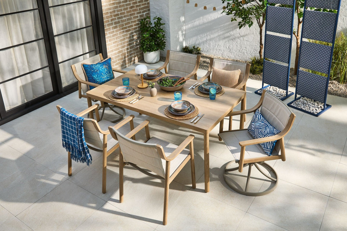 Sauble Sling Outdoor Patio Dining Set with Swivel Chairs and Umbrella Hole, Tan, 7-pc