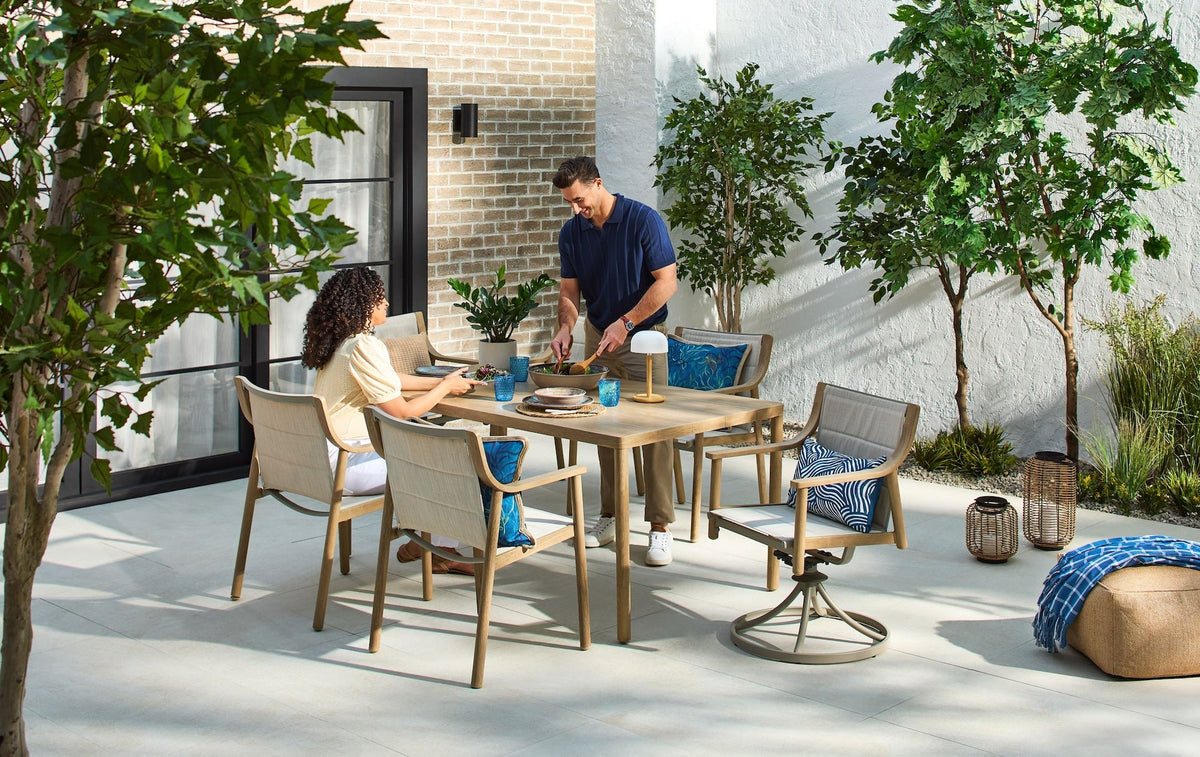 Sauble Sling Outdoor Patio Dining Set with Swivel Chairs and Umbrella Hole, Tan, 7-pc