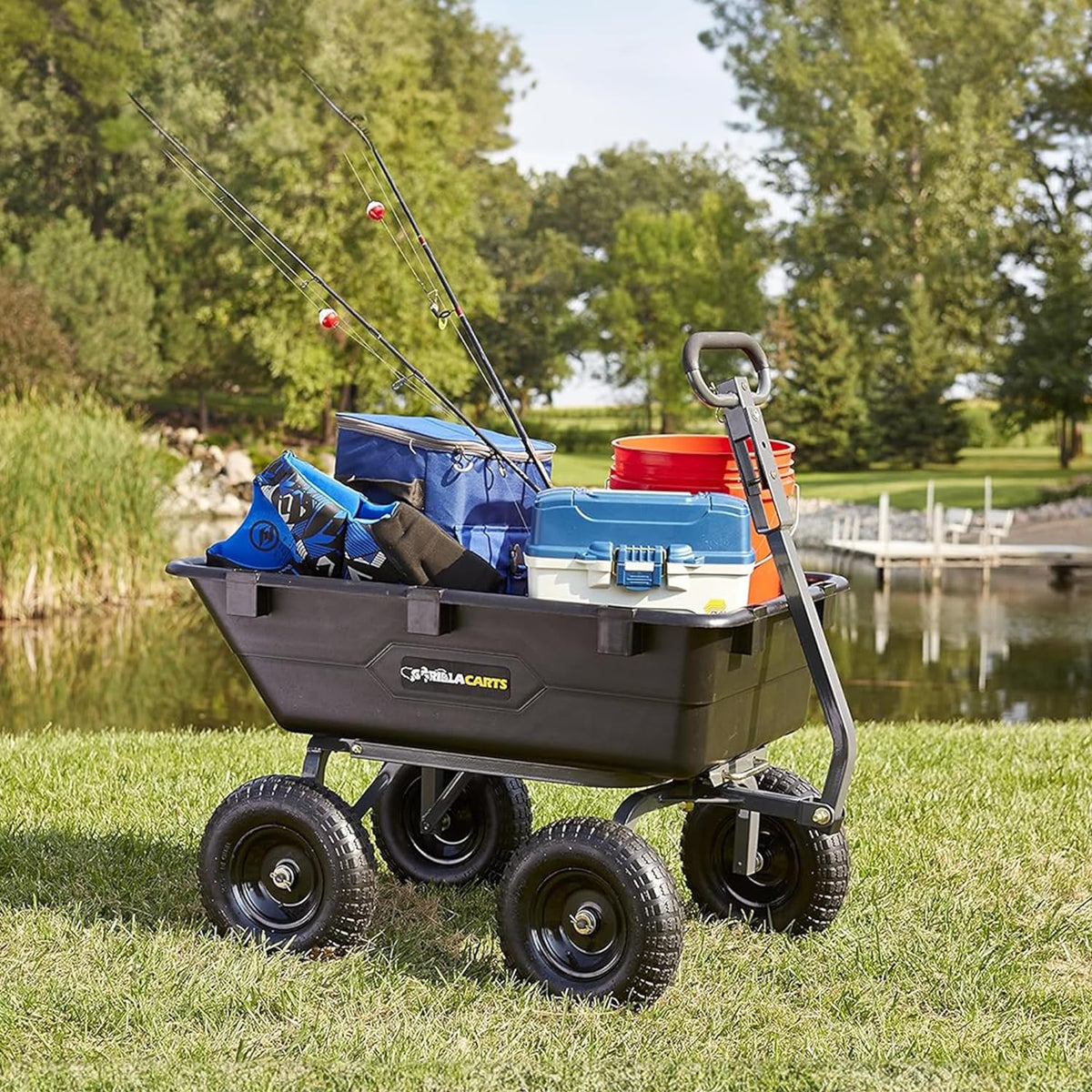 Heavy Duty Poly Utility Dump Wagon Garden Cart w/Pneumatic Tires, 6 Cu Ft - 1200 lb Capacity Outdoor Wheelbarrow for Yard, Landscaping & Gardening, Lawn Tractor or ATV Towable- Carts