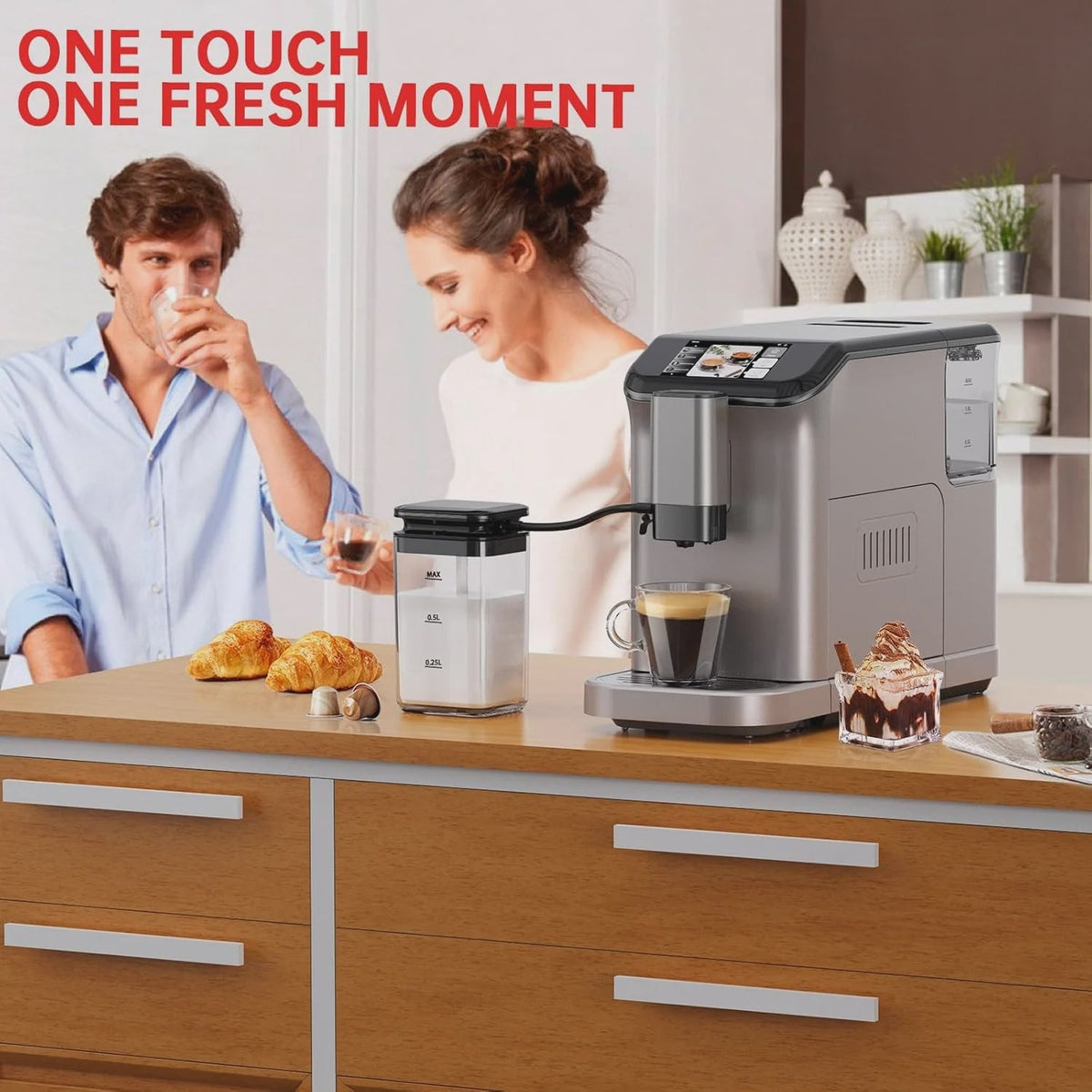 Full Automatic Espresso Machine with Built-In Grinder & Milk Frother - FTF Touchscreen Coffee Maker for Latte/Cappuccino, 20 Bar Pressur & 1.5L...