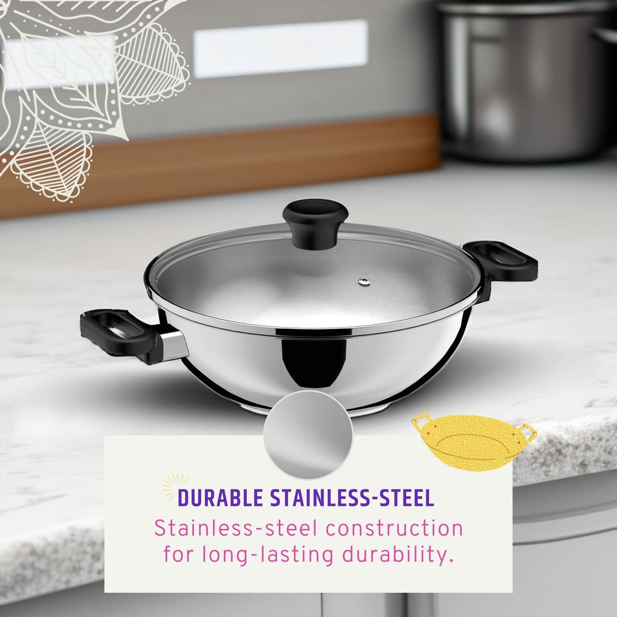 3.4qt Stainless Steel Karahi with lid 26cm 10.25in