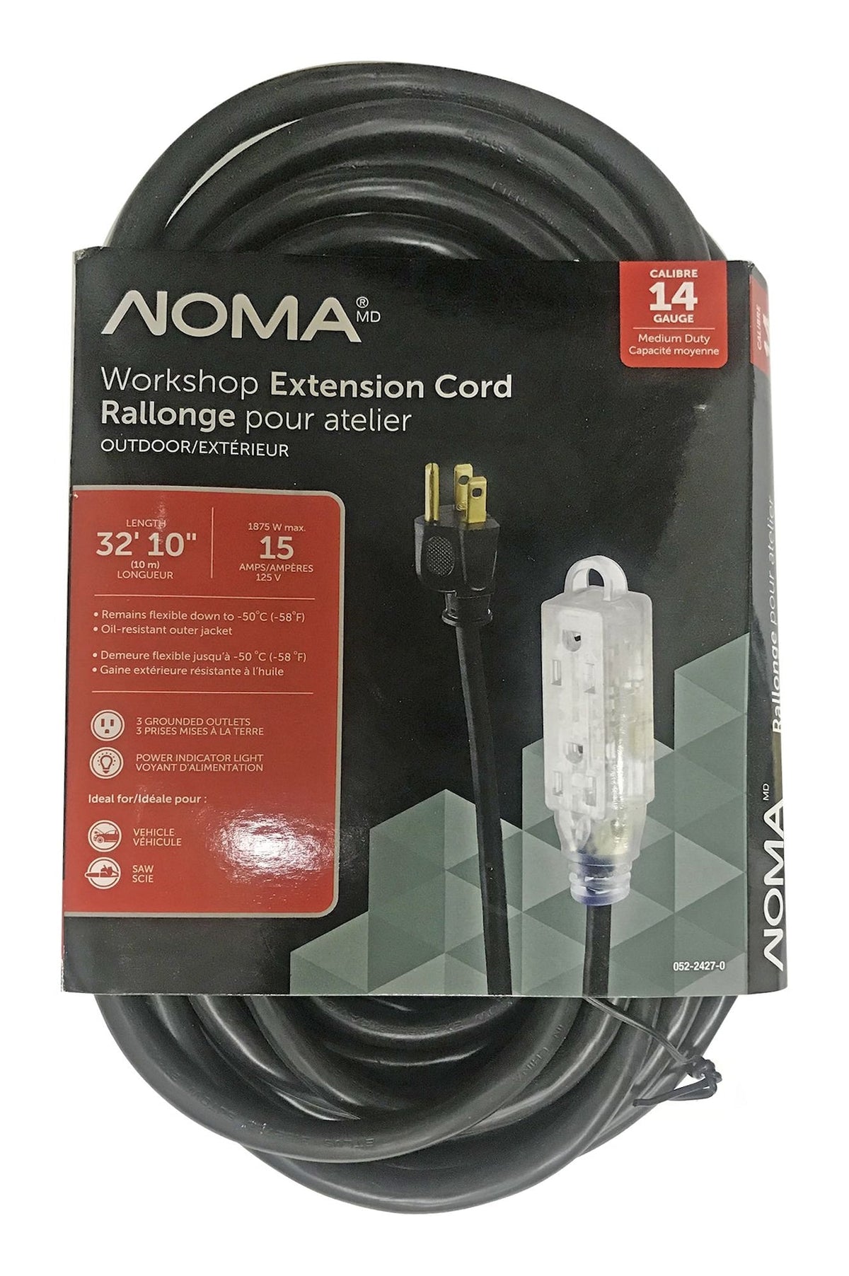 32-ft 10-in 14/3 Outdoor Extension Cord with 3 Grounded Outlets and Lighted End, Black