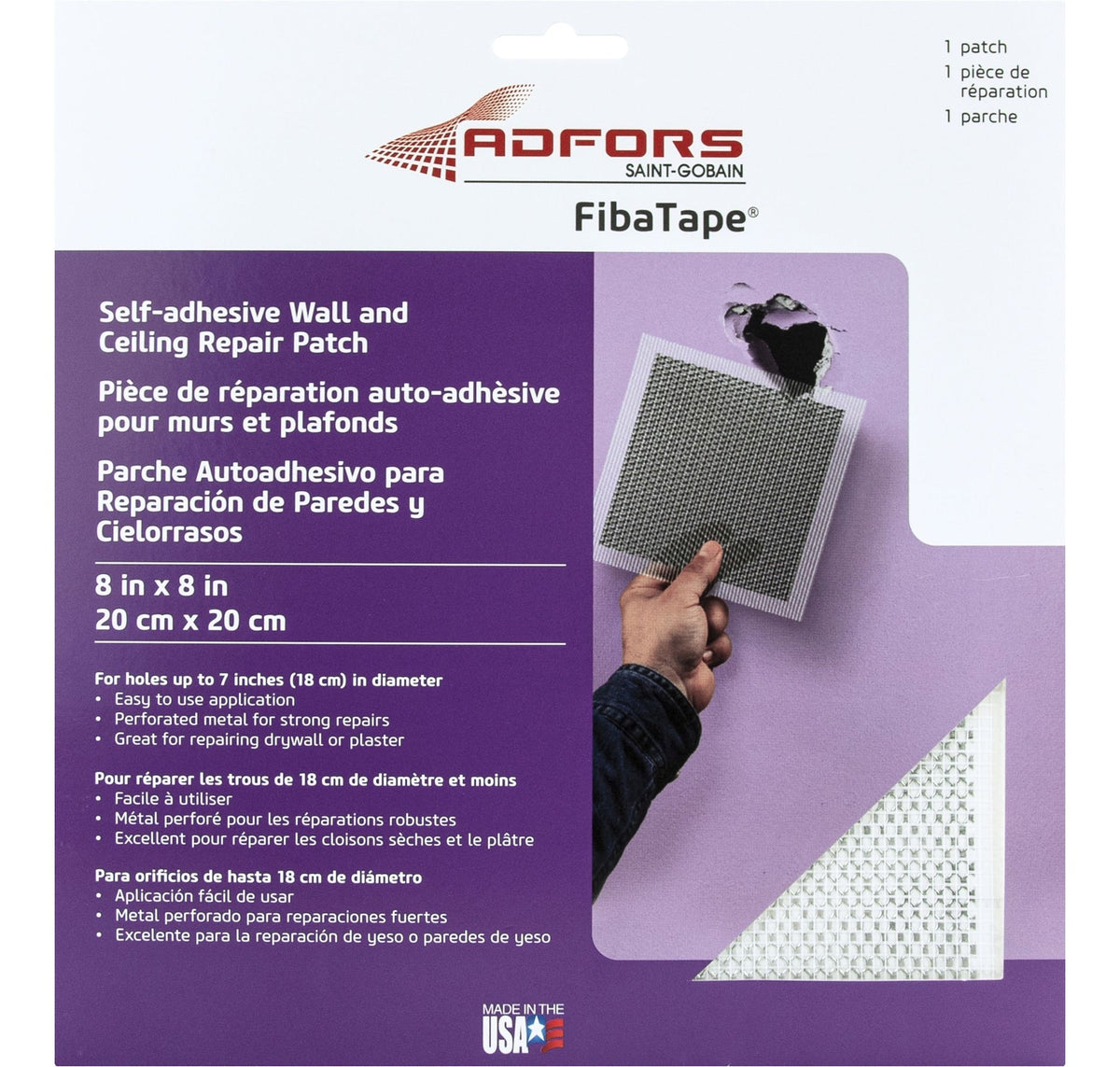 Self-Adhesive Wall & Ceiling Hole Repair Patch For Drywall & Plaster, 8 x 8-in