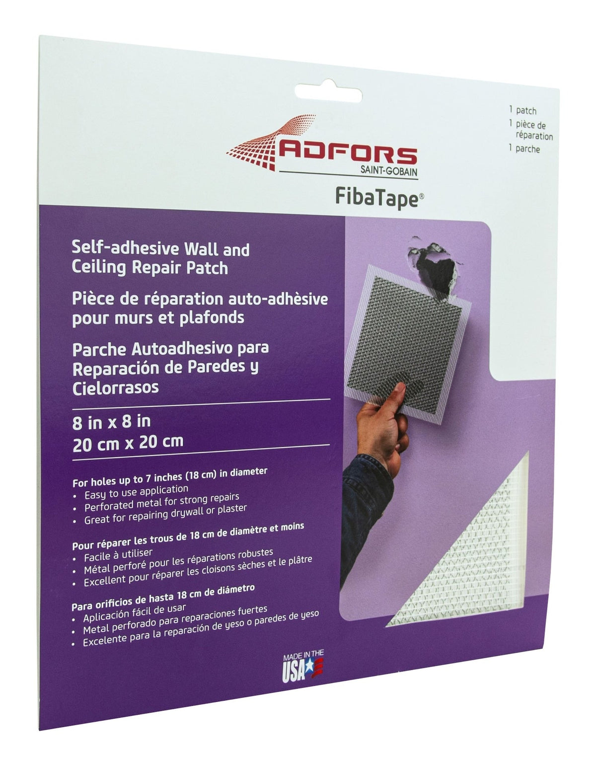 Self-Adhesive Wall & Ceiling Hole Repair Patch For Drywall & Plaster, 8 x 8-in