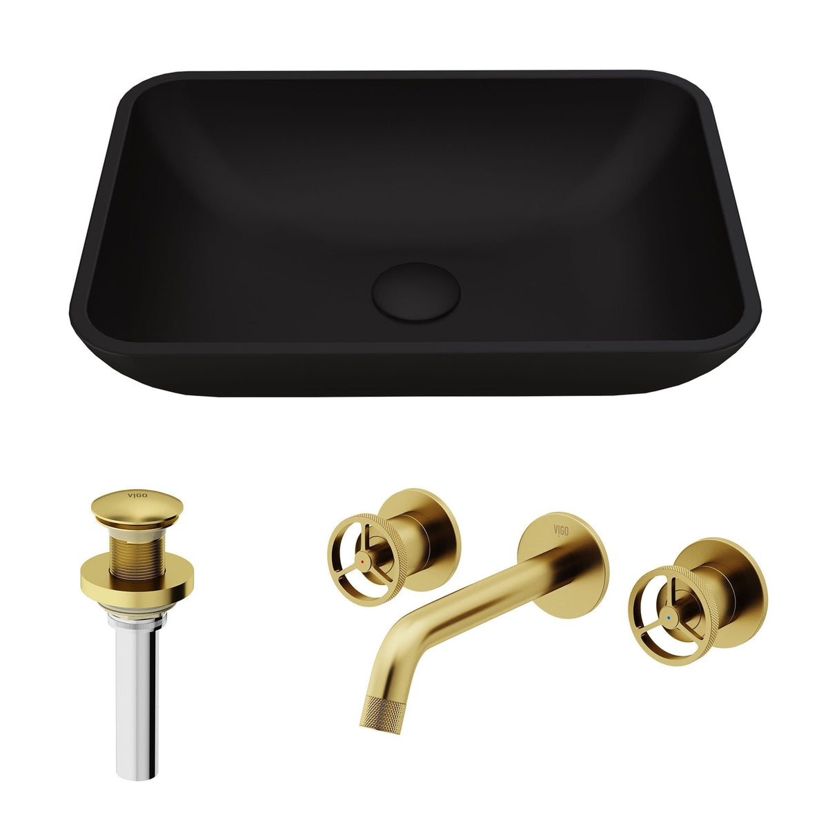 Sottile Matte Black Bathroom Sink/Basin Set with Cass Wall Mount Faucet and Glass Rectangular Vessel