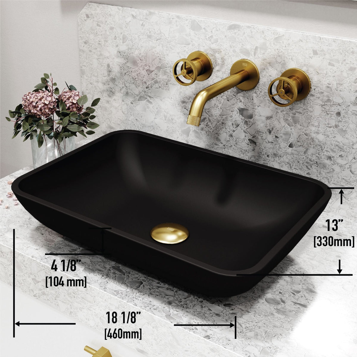 Sottile Matte Black Bathroom Sink/Basin Set with Cass Wall Mount Faucet and Glass Rectangular Vessel