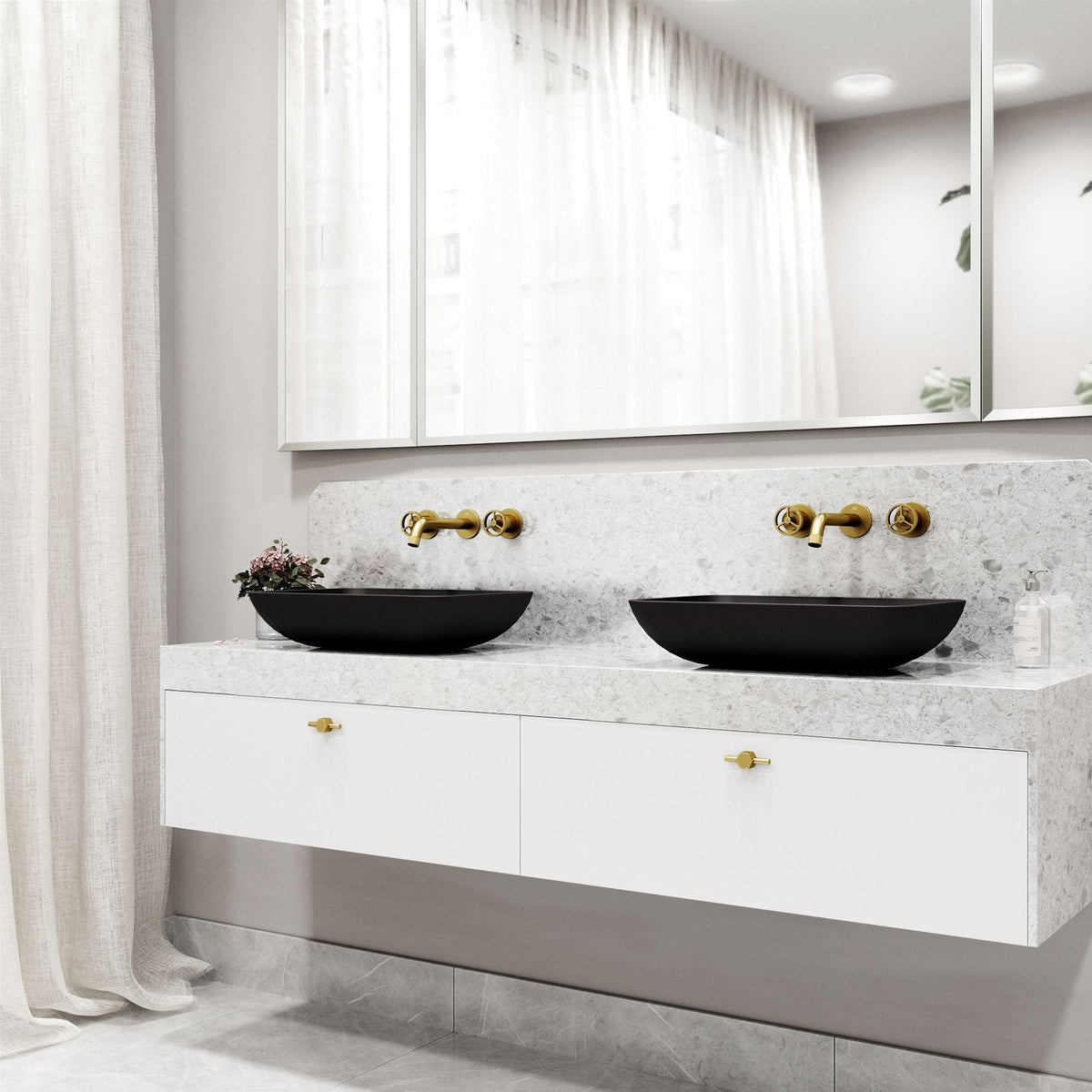 Sottile Matte Black Bathroom Sink/Basin Set with Cass Wall Mount Faucet and Glass Rectangular Vessel