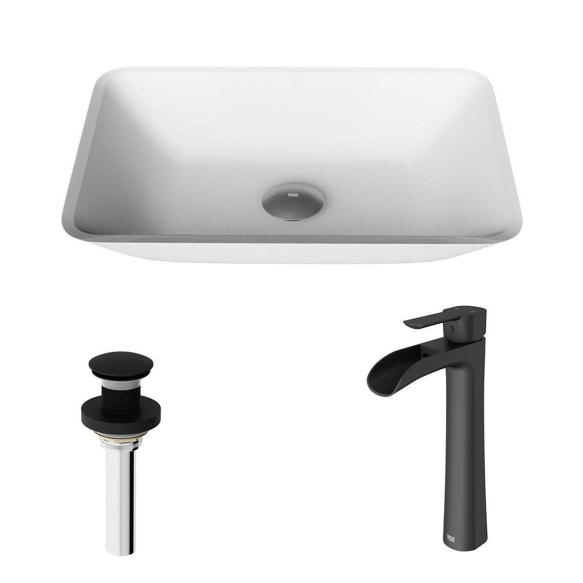 Sottile White Bathroom Sink/Basin Set with Niko Faucet and Glass Rectangular Vessel