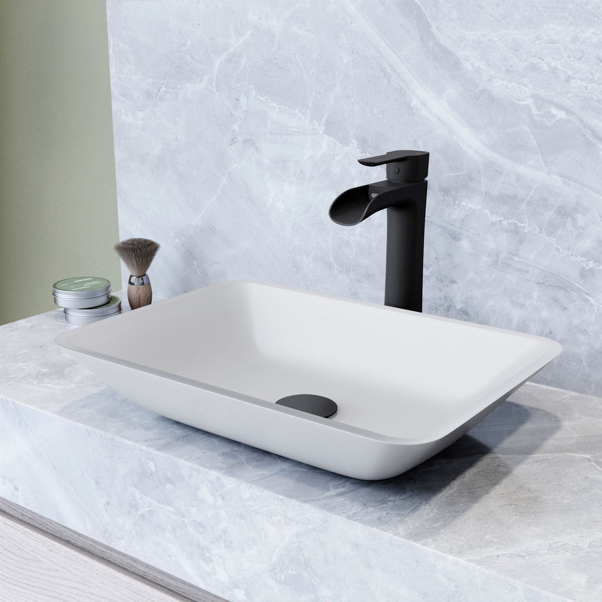 Sottile White Bathroom Sink/Basin Set with Niko Faucet and Glass Rectangular Vessel