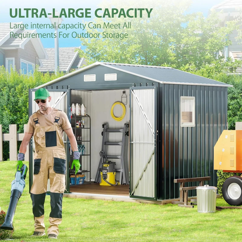 8x6FT Outdoor Steel Storage Shed with Clear Window, Lockable Doors, Weather-Resistant Metal Tool Shed for Garden, Backyard, Patio, and Utility Storage L7549