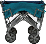 A foldable double-layer outdoor multi-functional truck, equipped with a long lower shelf, in blue-green color.
