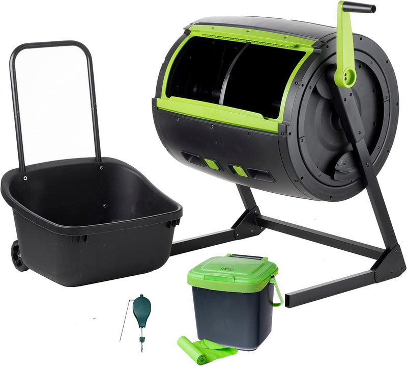 Two 65-gallon two-stage composting drums, equipped with large double doors and an open frame, are also provided along with a maze-style compost cart, a 1.85-gallon kitchen trolley-style compost bin, three rolls of corn bags, and a R7297