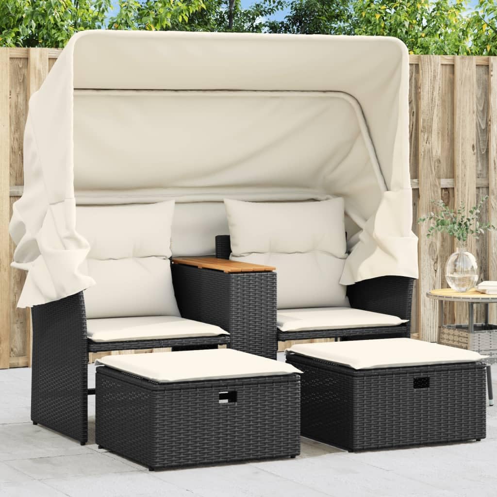 Multi-functional balcony sofa (for two people, with sunshade) - Black polyester wicker double-seat sofa, with built-in table, stool and washable cushion