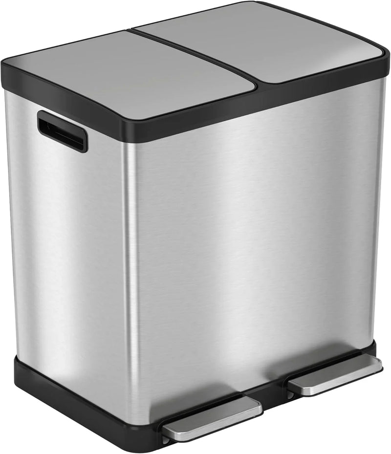 16-gallon contact-free trash and recycling bins, made of stainless steel, with a double compartment design (each compartment holds 8 gallons), suitable for recycling and waste disposal in the kitchen. F5618