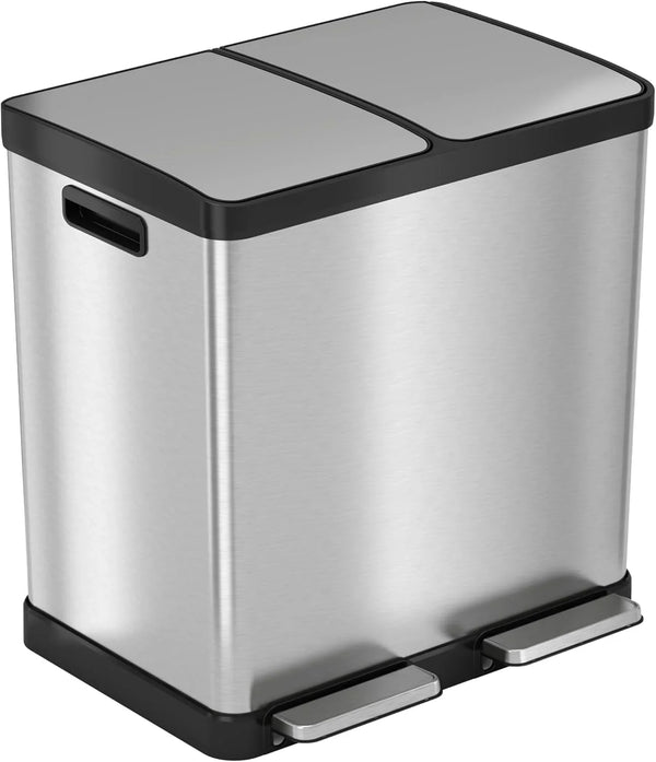 16-gallon contact-free trash and recycling bins, made of stainless steel, with a double compartment design (each compartment holds 8 gallons), suitable for recycling and waste disposal in the kitchen. E7153
