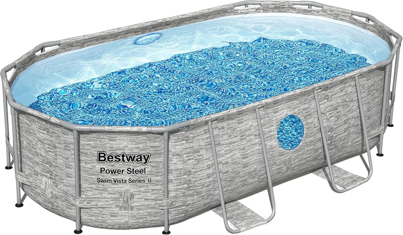 The robust steel swimming pool " Series II" - a 14 feet x 8 feet 2 inches x 39.5 inches outdoor above-ground pool package, equipped with a 530 liter/minute filtration pump, ladder and pool cover. O6804