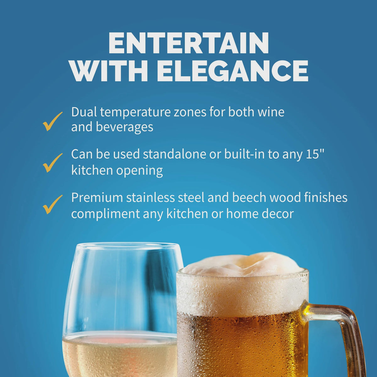 15 Dual Zone Beverage Cooler with Removable Beech Wood Shelves, Stainless Steel