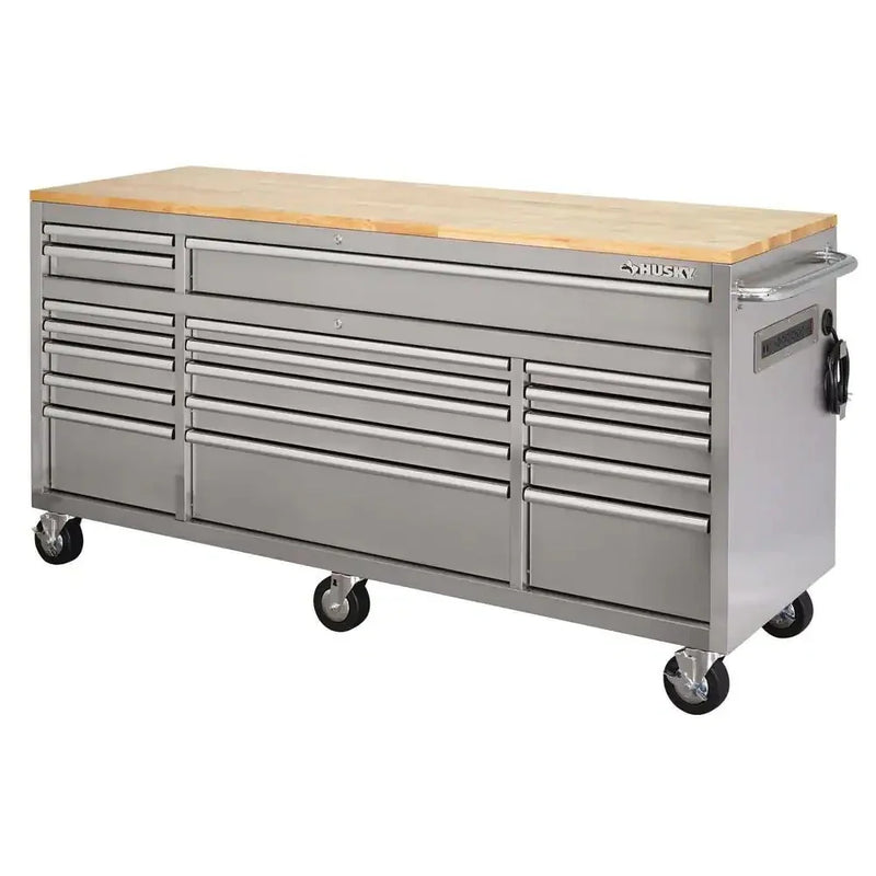 72 in 18-Drawer 24 in. D Mobile Workbench with Solid Wood Top Stainless Steel B2313