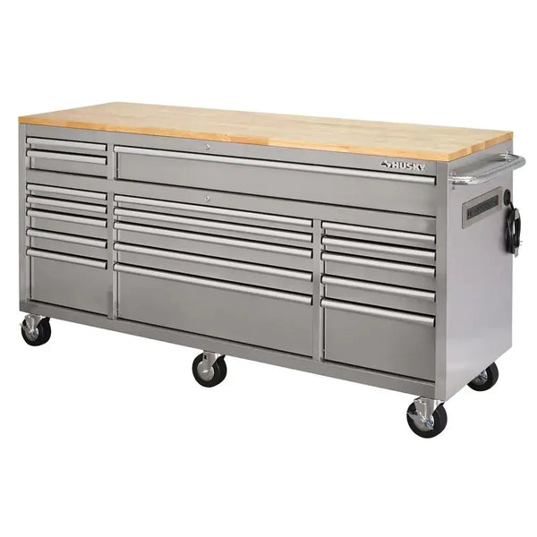 72 in 18-Drawer 24 in. D Mobile Workbench with Solid Wood Top Stainless Steel Y4401