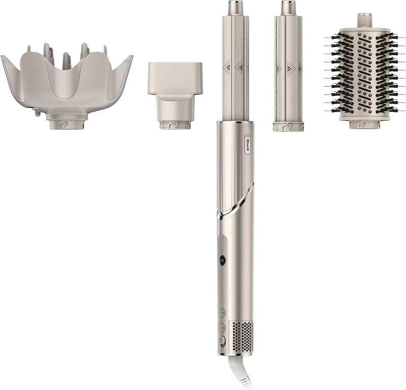 Powerful hair dryer and multi-functional styling tool, featuring automatic hair curler, paddle brush, oval brush, concentrator accessory and stones. C2484