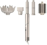 Powerful hair dryer and multi-functional styling tool, featuring automatic hair curler, paddle brush, oval brush, concentrator accessory and stones.