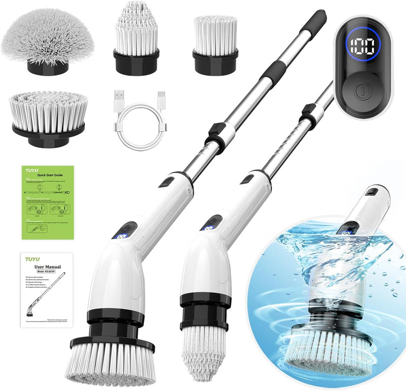 Electric Spin Scrubber, Full-Body IPX7 Waterproof Bathroom Scrubber with Power LCD Display, Adjustable Extension Handle, Cordless Shower Cleaner Brush for Bathtub Kitchen Wall Cleaning O9039