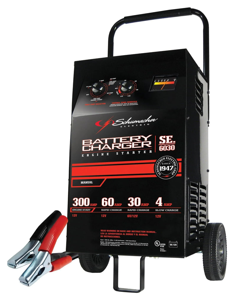 Electric Wheeled Battery Charger and Engine Starter, SC1446, 2-in-1, manual timer control, 300 crank amps, 6 volts, 12 volts, for car, SUV, truck and Marine batteries B9529