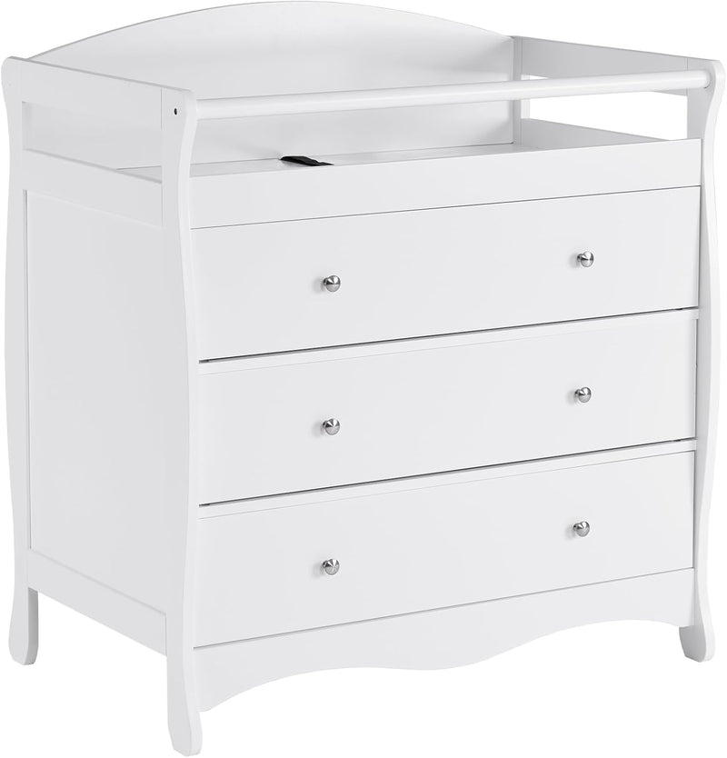 Changing Table Dresser Baby Diaper Changing Station Infant Nursing Table with 3 Drawers, Safety Rail & Strap for Bedroom, Nursery, White Q6205