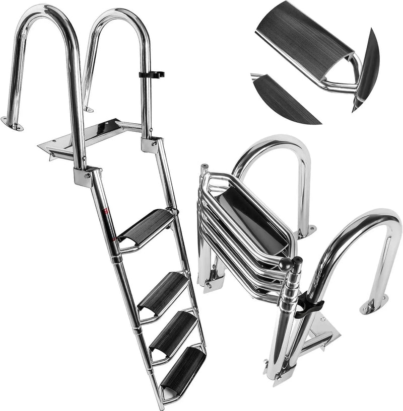4 Steps Telescoping Boat Ladder Reinforce Dock Ladder Heavy Duty Swim Deck Ladder with Hand Railings and Extra Wide Steps X2545