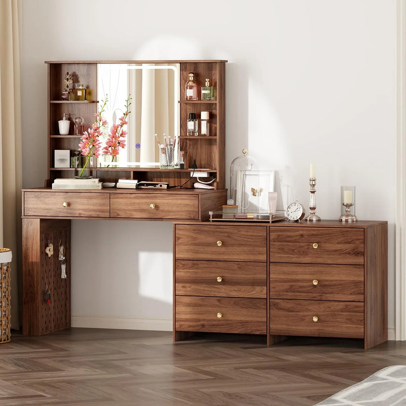 Makeup Vanity Desk with Mirror and Lights, Vanity Desk with 8 Drawers & Storage Shelves, Vanity Table with Power Outlet, 3 Color Modes & Adjustable Brightness Dressing Table, Bedroom,White2 C2088