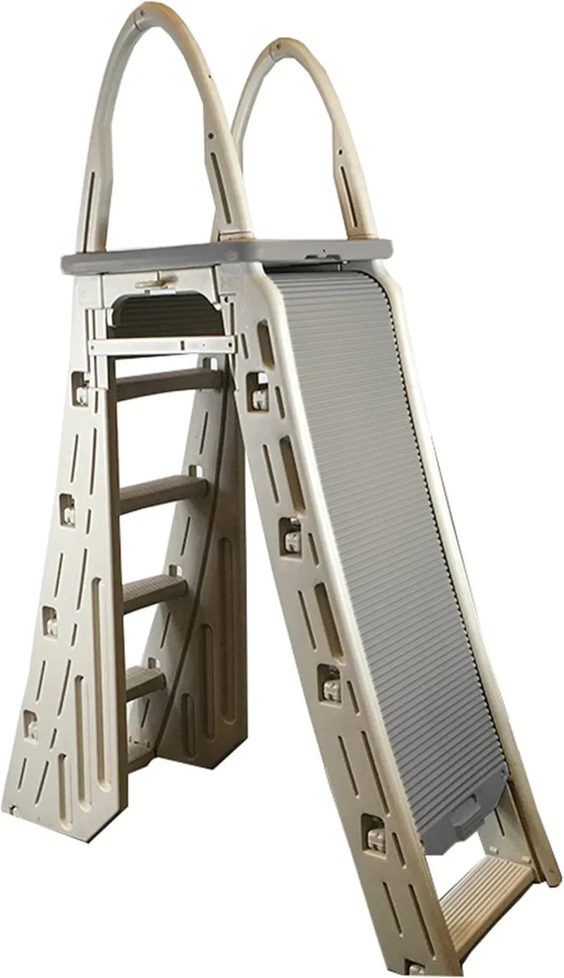 Confer Plastics 7200 Roll Guard 48" to 56" Adjustable A Frame Safety Ladder for Above Ground Outdoor Patio Swimming Pool Platform Ladder with Step Barrier, Warm Grey… F5994