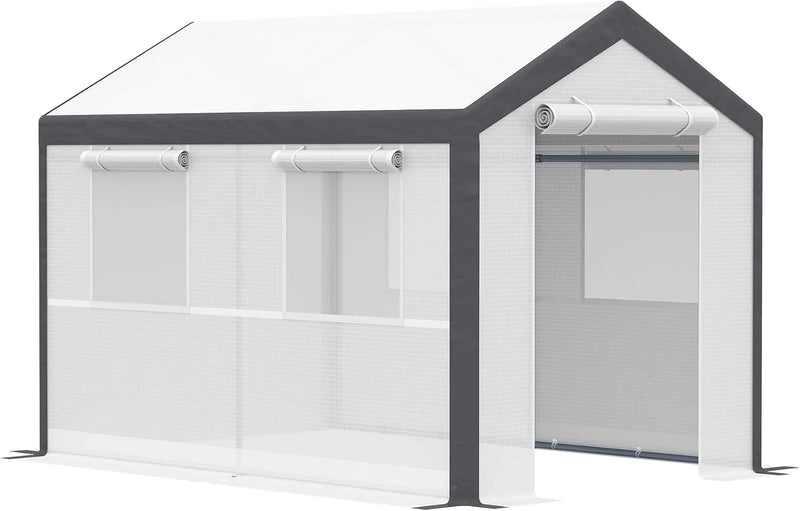 A 20-foot x 10-foot x 9-foot walk-in green house with an outdoor garden greenhouse, equipped with 6 roll-up windows, 2 zipper doors and a rain cover, in white color. J2060