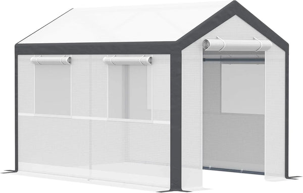 A 20-foot x 10-foot x 9-foot walk-in green house with an outdoor garden greenhouse, equipped with 6 roll-up windows, 2 zipper doors and a rain cover, in white color. O2133