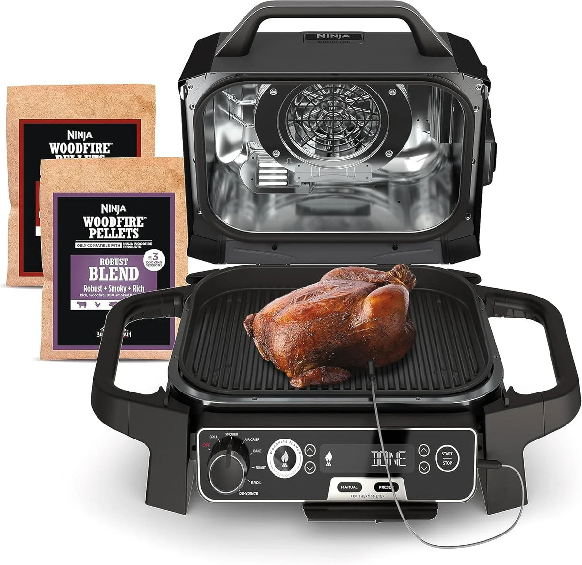 The wood-fire professional outdoor grill is equipped with an internal thermometer. It is a 7-in-one multi-functional grill, a barbecue smoker, an outdoor air fryer, featuring baking, roasting, dehydrating and grilling functions. It adopts the wood-fi