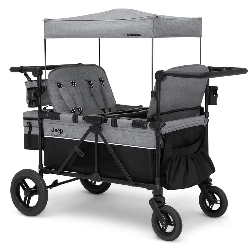 Luxurious 4-seater children's stroller - A high-end 4-seater children's stroller specially designed for 4 children, equipped with convertible seats, adjustable push-pull handles, detachable sunshade, and flat folding device. The color is grey. F9147