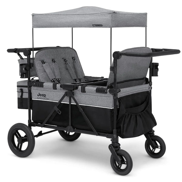 Luxurious 4-seater children's stroller - A high-end 4-seater children's stroller specially designed for 4 children, equipped with convertible seats, adjustable push-pull handles, detachable sunshade, and flat folding device. The color is grey. U1979