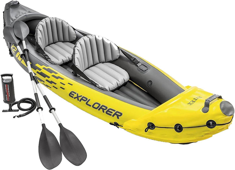 Explorer K2 Inflatable Kayak Set: Includes luxurious 86-inch aluminum paddle and high-output pump - extremely durable PVC material - adjustable seat with backrest - suitable for two people - maximum weight capacity 400 pounds P1745