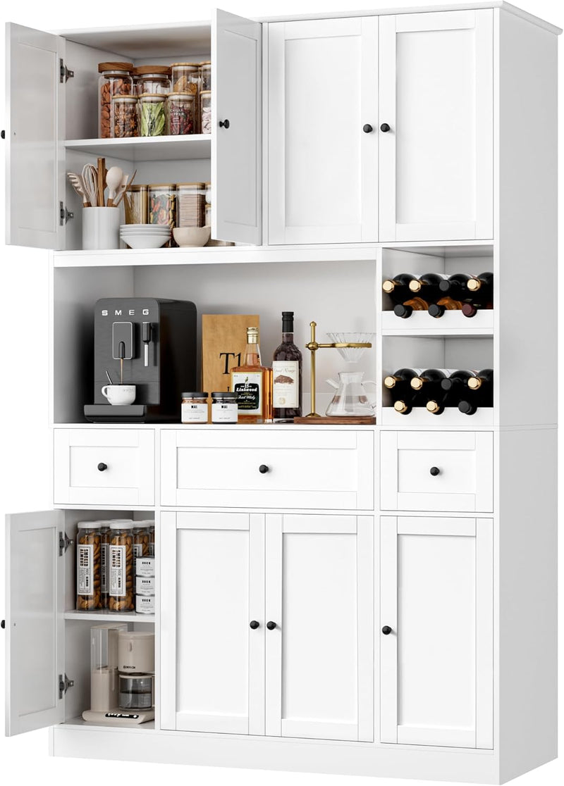 72" Tall Kitchen Pantry with Wine Rack, Pantry Cabinet with Microwave Stand, Large Hutch with Ample Storage, Hutch Cabinet for Kitchen, Dining, Living Room, White D6897