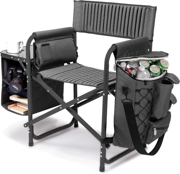 The "Picnic Time" brand's outdoor folding chairs with a unique design feature a grey base and a black frame. The dimensions are 33 x 7 x 21. Q1578