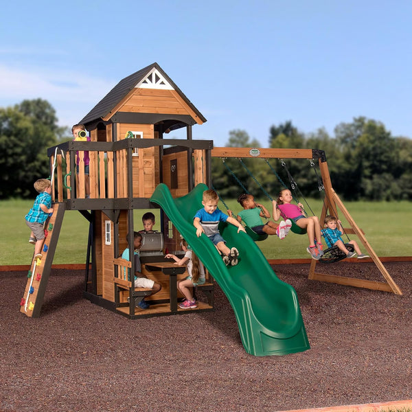 Canyon Creek Cedar Wood Swing Set with Wave Slide, Clubhouse, Play Kitchen, Picnic Area, Belt Swings, Web Swing, Rock Wall, Balconies, Playhouse, Step Ladder, Outdoor Playset Y5319
