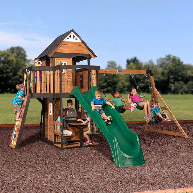 Canyon Creek Cedar Wood Swing Set with Wave Slide, Clubhouse, Play Kitchen, Picnic Area, Belt Swings, Web Swing, Rock Wall, Balconies, Playhouse, Step Ladder, Outdoor Playset Y5319