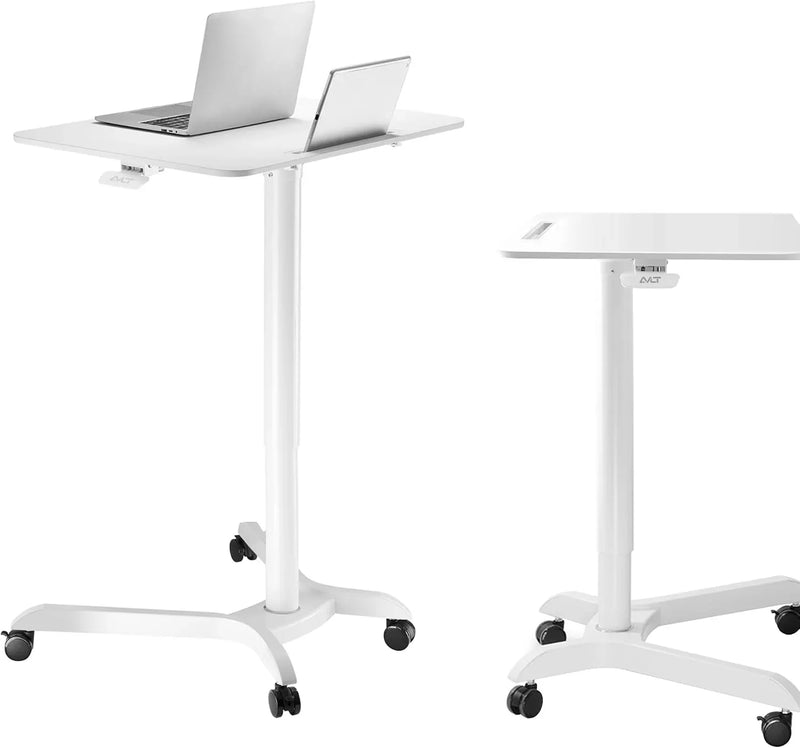 Portable laptop desk cart (3 feet 8 inches) - Mobile rolling desk - Computer projector cart - Adjustable height foldable mobile folding table - White mobile frame with brake wheels X734