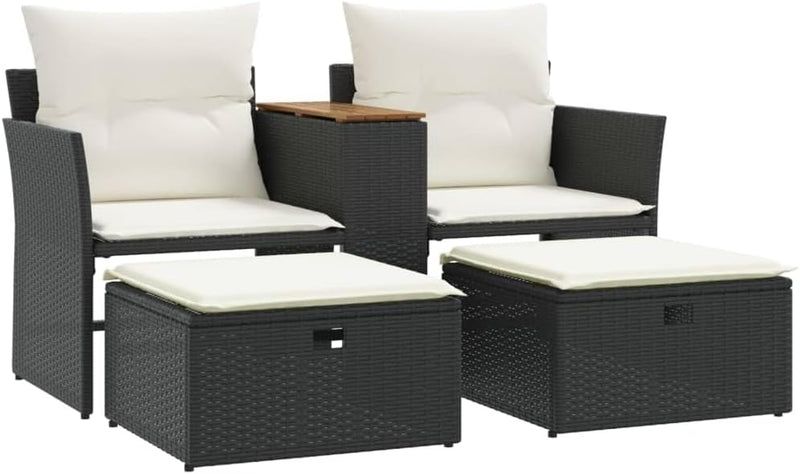 Multi-functional balcony sofa (for two people, with sunshade) - Black polyester wicker double-seat sofa, with built-in table, stool and washable cushion E6140