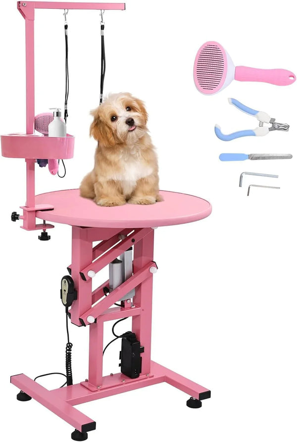 Electric Hydraulic Lift Pet Dog Grooming Table, 24Inch 360° Rotating Grooming Desktop for Small Dogs, with Overhead Arm, Wireless Remote, Tool Organizer, Black D5946